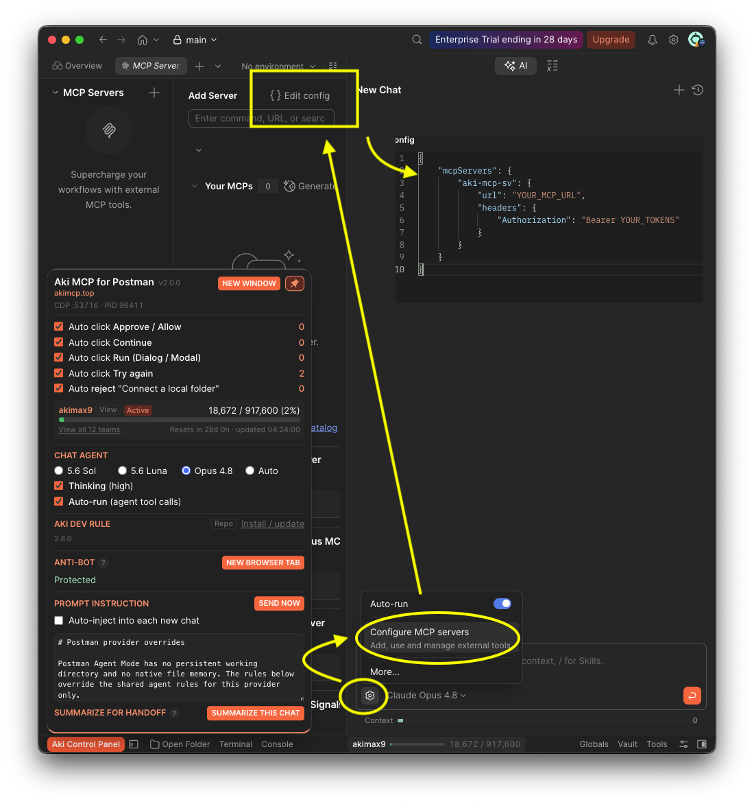 Configuring the aki-mcp-sv MCP server in the Postman Agent